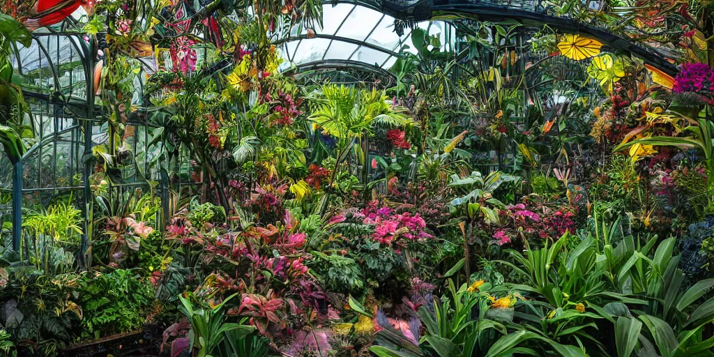 Prompt: magician's tropical greenhouse garden with colored glass cover, outside of time and space, birds, flowers, fairy tale, night lighting, gorgeous lighting, dramatic cinematic lighting, intricate, highly detailed, low angle view, mysterious, comfort, 8 k