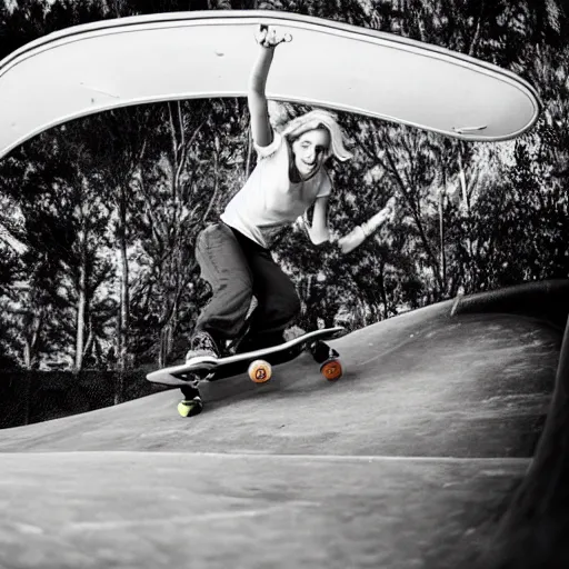 Image similar to cate blanchett skateboarding on a half pipe. photojournalism, wide angle lens, extremely detailed face, studio lighting