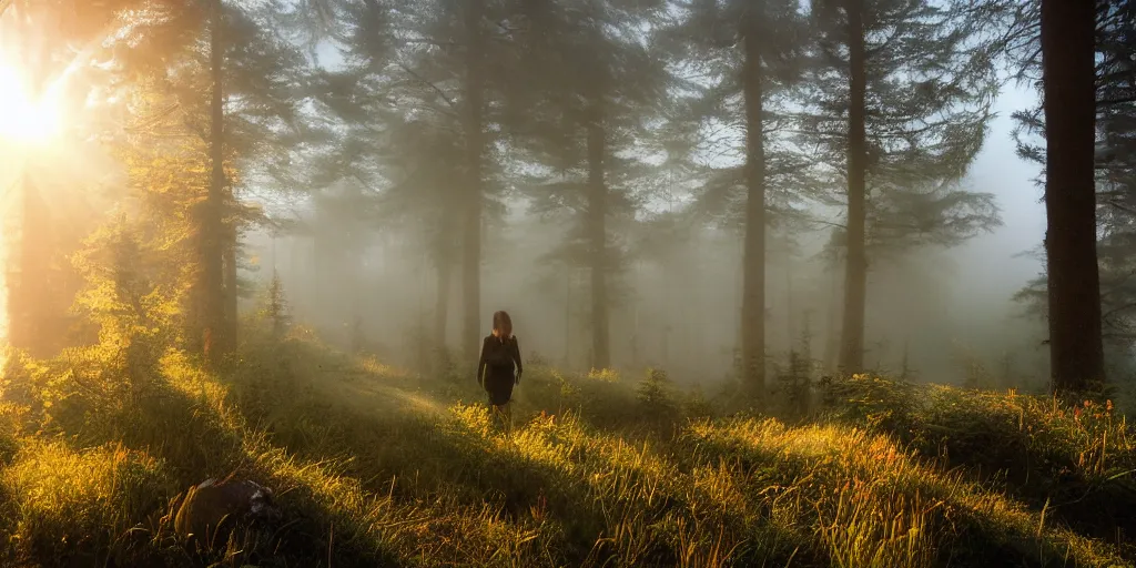 Prompt: a woman in magic carpathian forest at dawn filled with the gentle rays of the sun in a misty morning haze. alpine miracle available to anyone who at the dawn take a walk after the rain