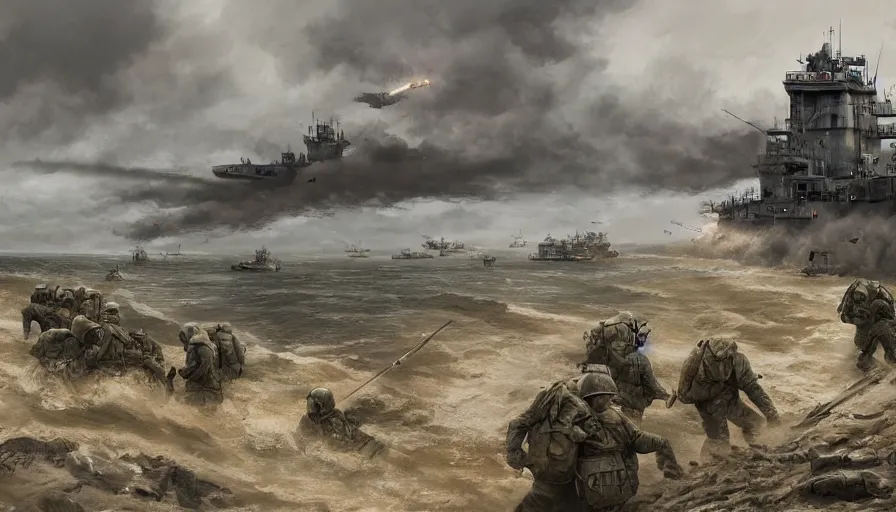 Image similar to Digital painting of D-Day in Normandy, hyperdetailed, artstation, cgsociety, 8k