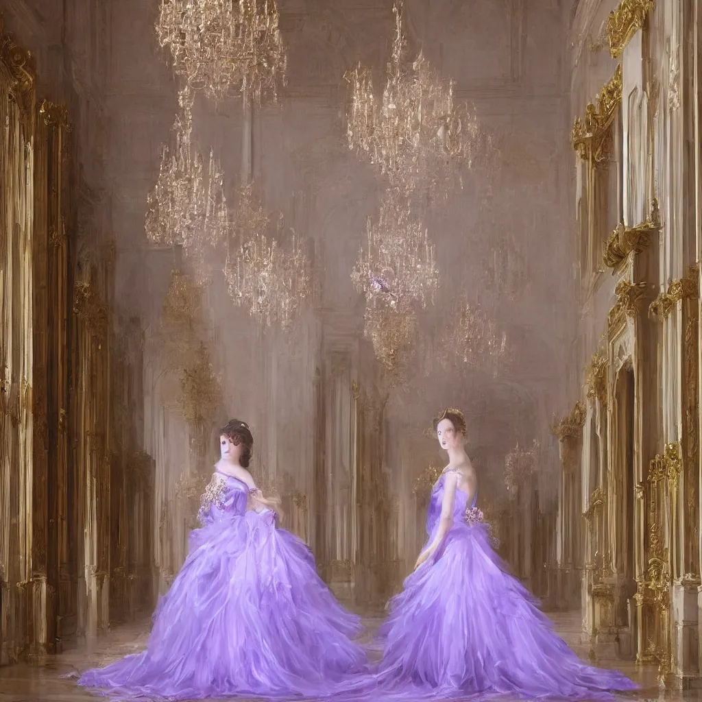 Prompt: A high detaile digital art of a princess standing alone in a corridor of the royal palace, the princess is bowing with the following pose, bowing her head slightly and holding the ruffles of her skirt, her dress is lavender and she wears a tiara adorned with emerald crystals, her hair is long and straight, natural morning light