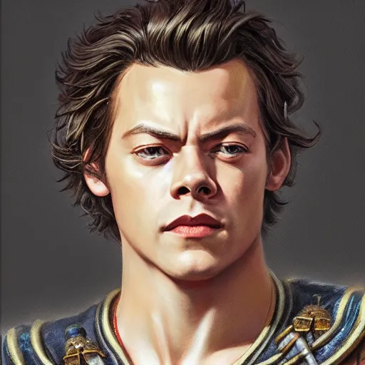 Prompt: harry styles as a realistic d & d fantasy character, portrait art by donato giancola and greg rutkowski, vintage retro, realistic face, digital art, trending on artstation, symmetry!!