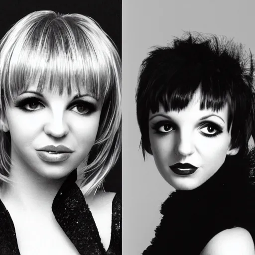 Image similar to photographic portrait of a hybrid of liza minelli and britney spears aged 2 2, with a fringe, 8 k