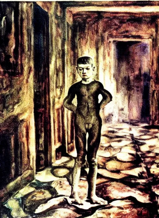 Prompt: detailed painting of a boy in a hall by otto dix, rich deep colors. masterpiece. still from a movie by Terrence Malick and Tarkovsky