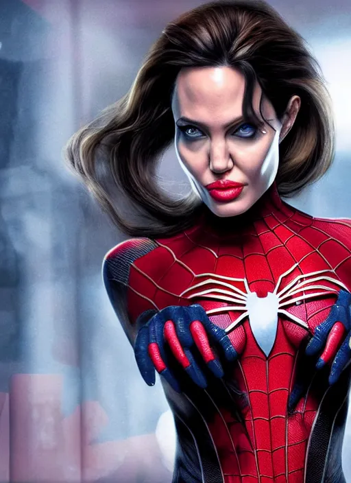 Image similar to angelina jolie as a spider - woman. highly detailed, 4 k