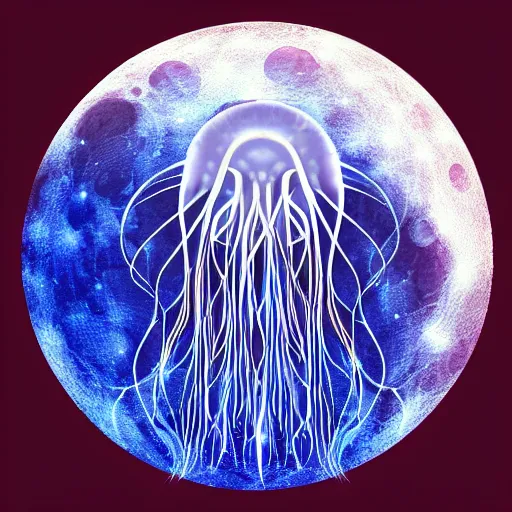 Image similar to a cybernetic jellyfish enveloping the moon, highly detailed, cinematic, stars in the background