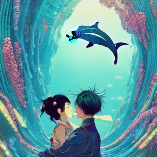 Image similar to a beautiful hyperdetailed character design 4 k wallpaper illustration of a cute dolphin with a beautiful girl, victo ngai cyberpunk style, from china, style of studio ghibli, makoto shinkai, raphael lacoste, louis comfort tiffany, artgerm, james jean, ross tran, chinese style