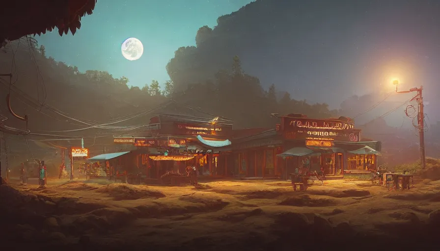 Prompt: a typical kerala tea shop on the moon, an epic fantasy, dramatic lighting, cinematic, establishing shot, extremely high detail, photorealistic, cinematic lighting, artstation, matte painting, simon stalenhag