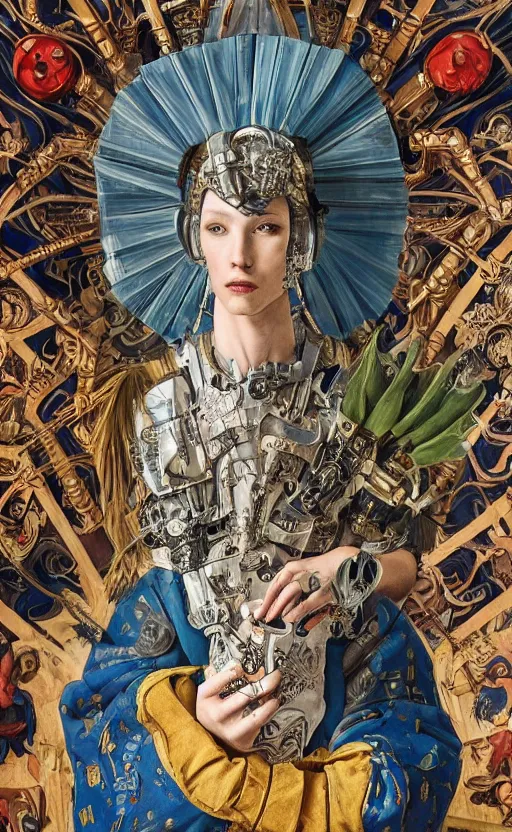 Prompt: beautifully painted mural of a cyborg prince in ornate royal armor, piercing glowing eyes, sci fi scenery, vogue cover poses, mural in the style of sandro botticelli, caravaggio, albrecth durer