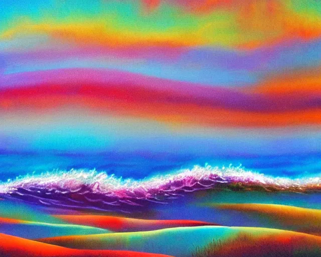 Image similar to Ocean waves in a psychedelic dream world. Landscape painting.