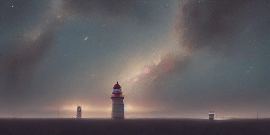 Prompt: milky way over the ocean by a lighthouse by simon stalenhag, dusk, art station trending