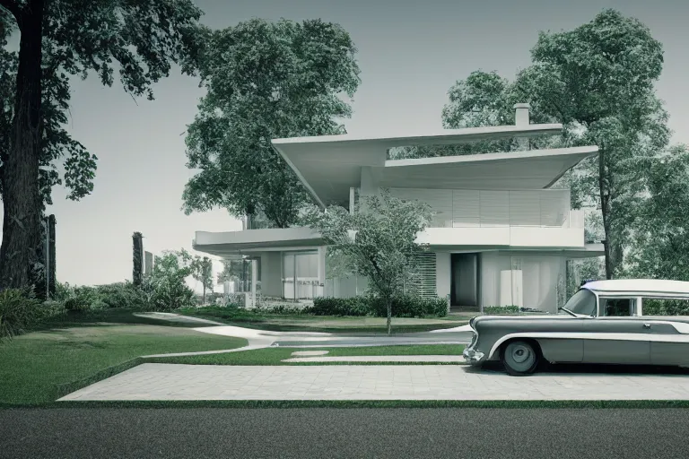 Prompt: a house in the 1 9 5 0's future house, retropunk, lawn, trees, white picket fence, futuristic car parked on the driveway, realistc octane render, depth of field, soft lighting, 8 k