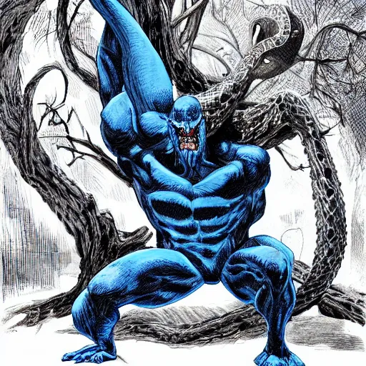 Prompt: blue by neal adams evocative, somber. a computer art of a large, looming creature with a long, snake body. many large, sharp teeth, & eyes glow. wrapped around a large tree, bent under the weight. small figure in foreground, a sword, dwarfed by the size of the creature.