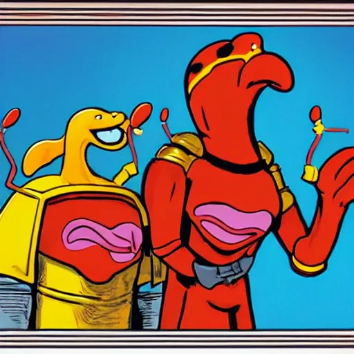 Prompt: Portrait of Toejam and Earl wearing knight armor, marvel comics, Sega