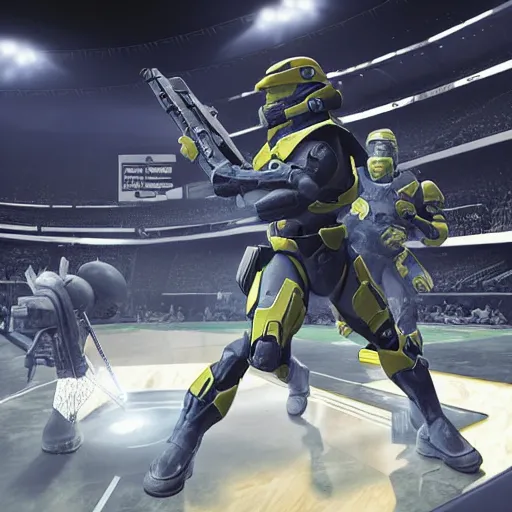 Prompt: master chief slam dunking on a halo grunt, NBA stadium, detailed 8K render