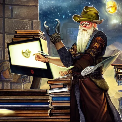 Image similar to A blond bearded D&D wizard in a wide brimmed hat using magical computer equipment at a desk cluttered with tomes, Pathfinder D&D character portrait