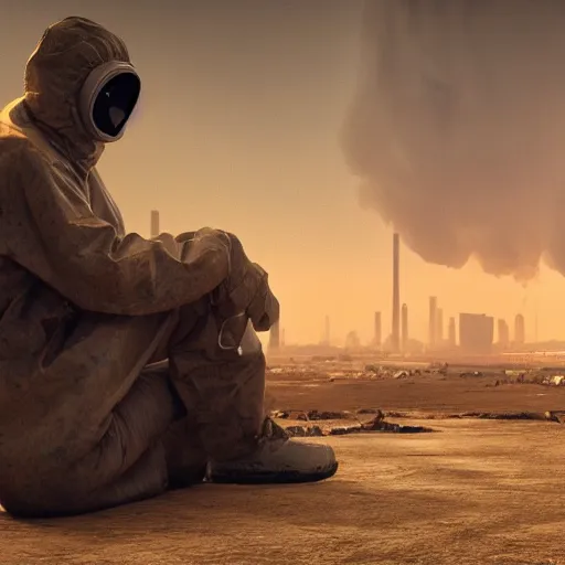 Prompt: a beautiful award-winning photo of the last man on Earth wearing a hazmat suit, sitting and depressed, serene post-nuclear background, a huge nuclear cloud, a mirage of a skyline of a destroyed city, numerous fires, volumetric lighting, haze, very high quality, extremely detailed, subtle visual noise, unreal engine 5, 8K