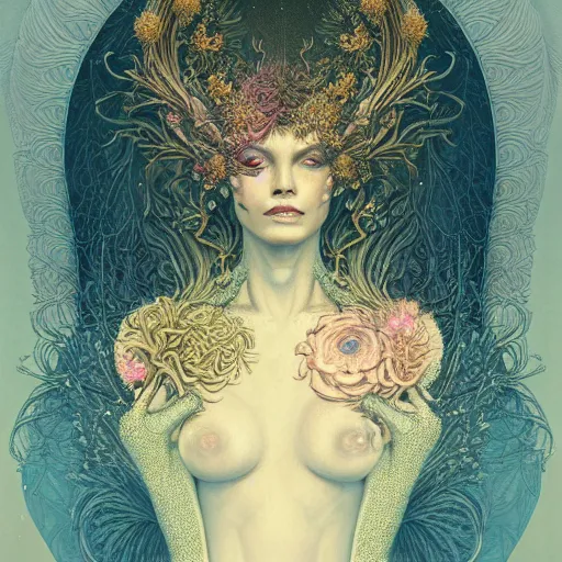 Image similar to a beautiful detailed front view portrait of a woman with ornate growing around, ornamentation, flowers, elegant, beautifully soft lit, golden ratio, full frame, by wayne barlowe, peter mohrbacher, kelly mckernan,