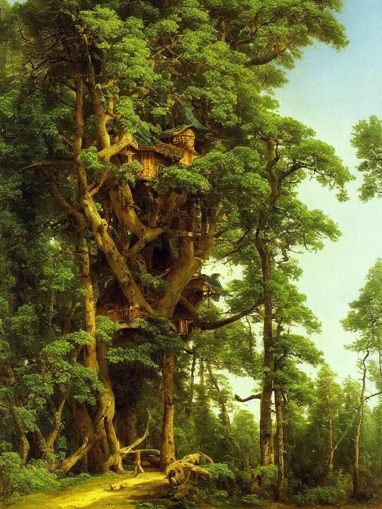 Image similar to Beautiful treehouse in a ((lush green forest)) by ivan shishkin and aivazovsky, oil on canvas, highly detailed, masterpiece