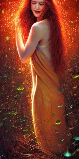 Image similar to infp young woman, smiling amazed, golden fireflies lights, sitting in the midst of nature fully covered, long loose red hair, intricate linework, green eyes, small nose with freckles, oval shape face, realistic, expressive emotions, dramatic lights spiritual scene, hyper realistic ultrafine art by michael cheval, jessica rossier, boris vallejo