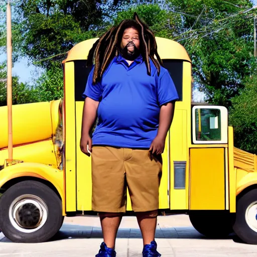 Image similar to overweight african american male school bus driver with dreads, wearing shorts with chubby legs, big moe, symmetric face, photo, posing in front of schoolbus