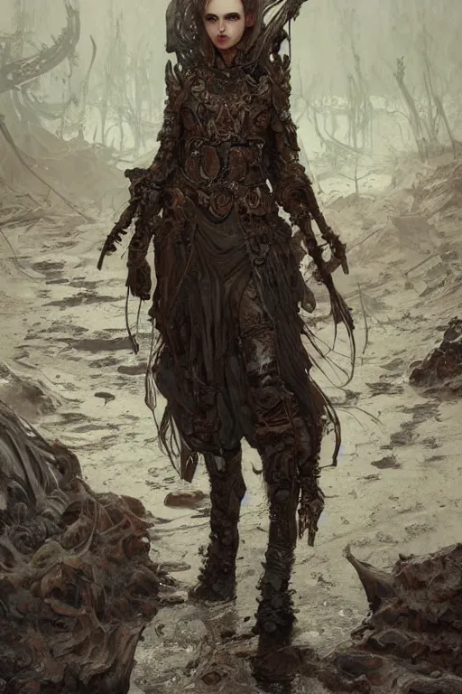 Image similar to a full body portrait of a beautiful post apocalyptic offworld nordic necromancer reposed by the bubbling mud pits, intricate, elegant, highly detailed, digital painting, artstation, concept art, smooth, sharp focus, illustration, art by krenz cushart and artem demura and alphonse mucha