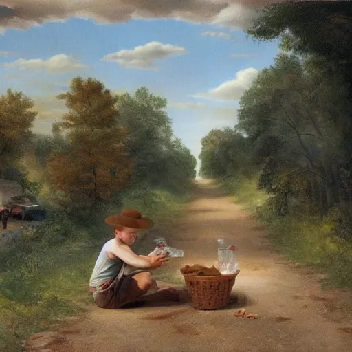 Image similar to painting of a man feeding a poor boy on a country road, surreal highly detailed