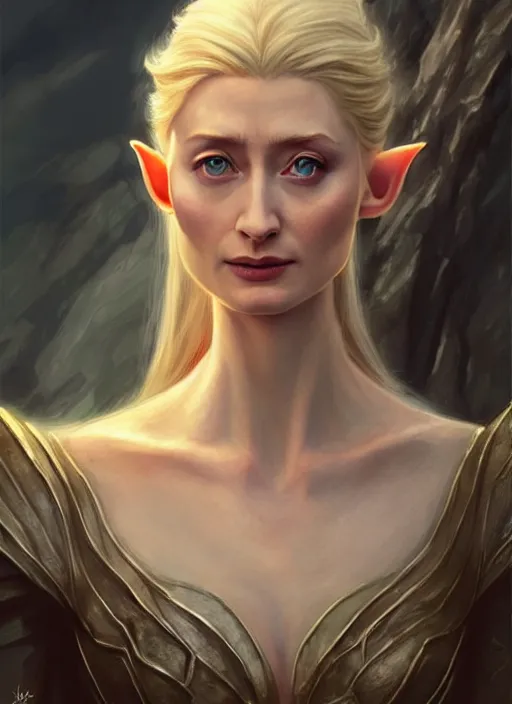 Image similar to beautiful elf elizabeth debicki as galadriel, lord of the rings, lotr fanart, trending on artstation, character art, the hobbit, digital painting, concept art, smooth, sharp focus, illustration, art by artgerm and greg rutkowski, radiant light,