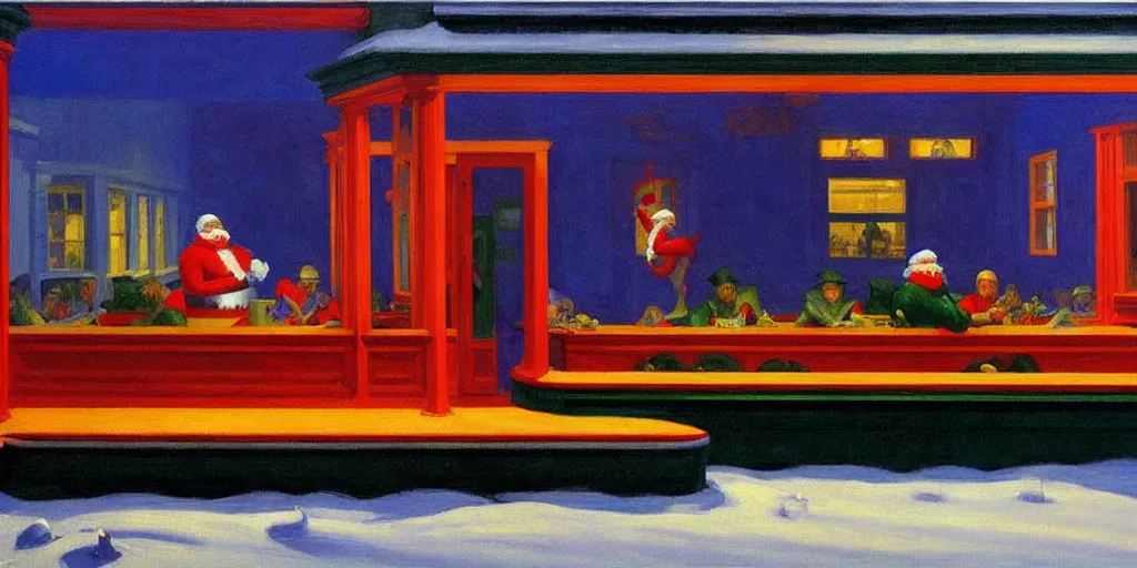 Image similar to santa claus in the painting nighthawks by edward hopper with