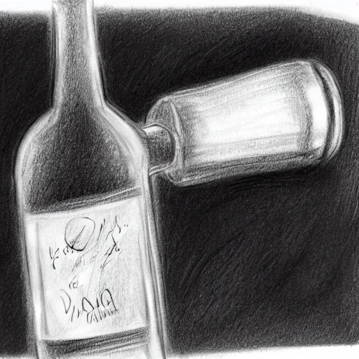 Image similar to bottle of wine drinking itself, pencil sketch, black and white