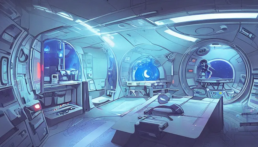 Prompt: a space ship circular medic room with bright holodesk in the center showing a blue hologram of a solar system, cryogenic pods, dark people discussing, contrasted light, clair obscur, illustration, clean lines, star wars vibe, by sead mead, by feng zhu!!! by moebius, vivid colors, spectacular cinematic scene