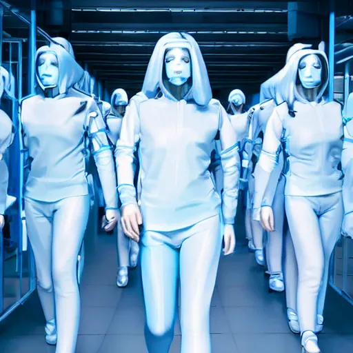 Image similar to troop of cloned women with white bob hairdos, tight light blue neopren suits, futuristic production facility, sci - fi, highly detailed, cinematic