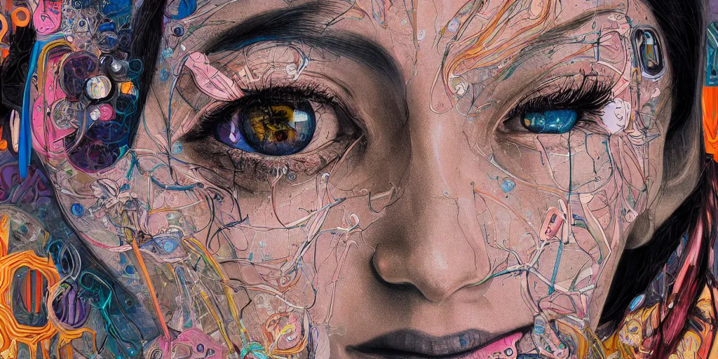 Image similar to full view portrait of cyborg woman crying, in the style of jin kagetsu and james jean, background by beatriz milhazes, highly detailed, face symmetry, masterpiece, sharp focus, realistic intricate concept art, dramatic lighting, 8 k