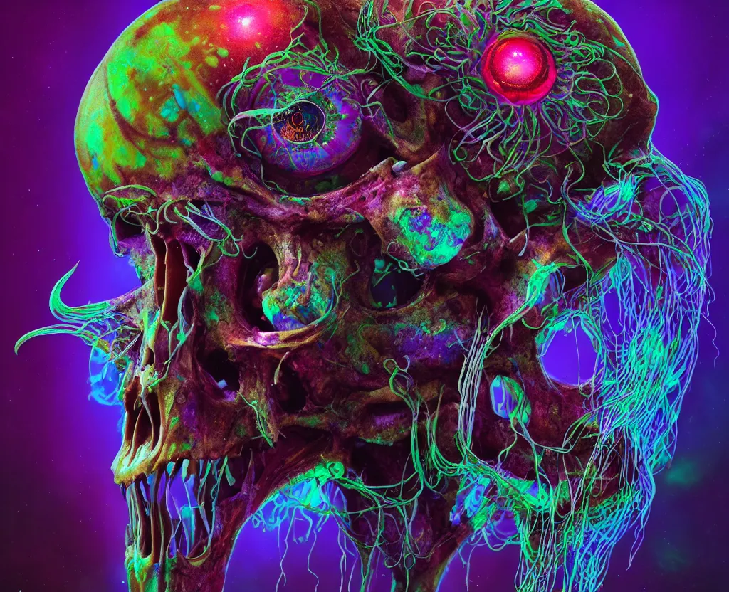 Image similar to psychedelic shaman close - up portrait goat skull. jellyfish phoenix head, nautilus, orchid, monkey skull, betta fish, bioluminiscent creatures, intricate artwork by tooth wu and wlop and beeple. octane render, trending on artstation, greg rutkowski very coherent symmetrical artwork. cinematic, hyper realism, high detail, octane render, 8 k