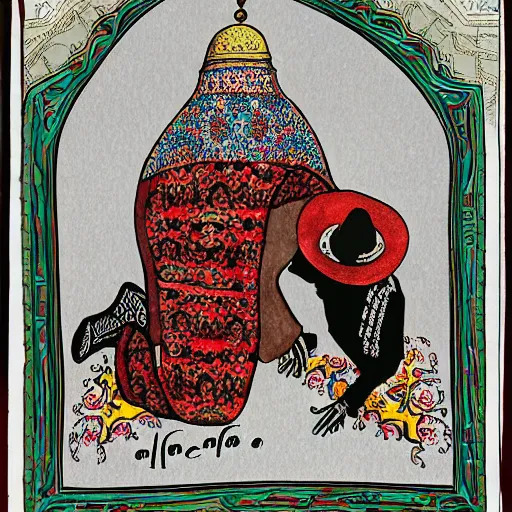 Prompt: mexican vaquero kneeling for prayer, arched borders, calligraphy, mosque dome shape, persian folklore illustration
