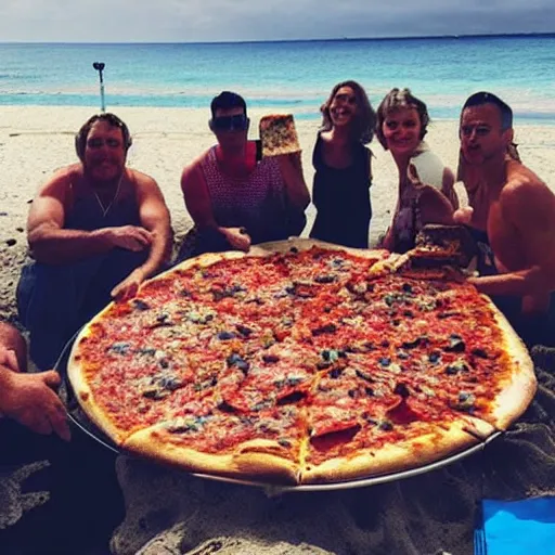 Image similar to “ a giant pile of pizza on the beach. contestants on the tv show survivor next to it excited. 8 k photo ”