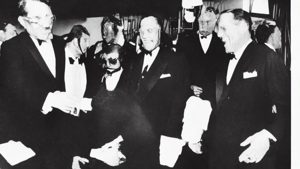 Prompt: cthulhu in a tuxedo in a vintage color kodak photograph, socializing with jfk at a fundraising in a private garden