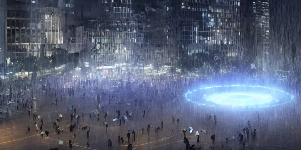 Prompt: policemen protecting a huge spiral - shaped bright white luminous attractor right in the center of the city from protesting people,, rain and light fog, professional lighting, concept art in 3 d, high detail, professional lighting, unreal engine