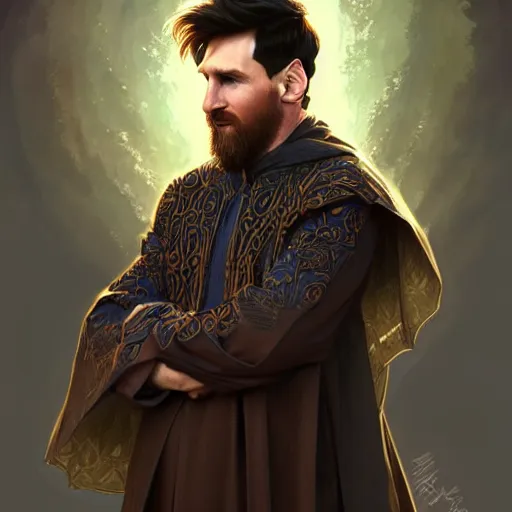 Image similar to lionel messi wearing islamic clothes, d & d, fantasy, intricate, elegant, highly detailed, digital painting, artstation, concept art, matte, sharp focus, illustration, art by artgerm and greg rutkowski and alphonse mucha