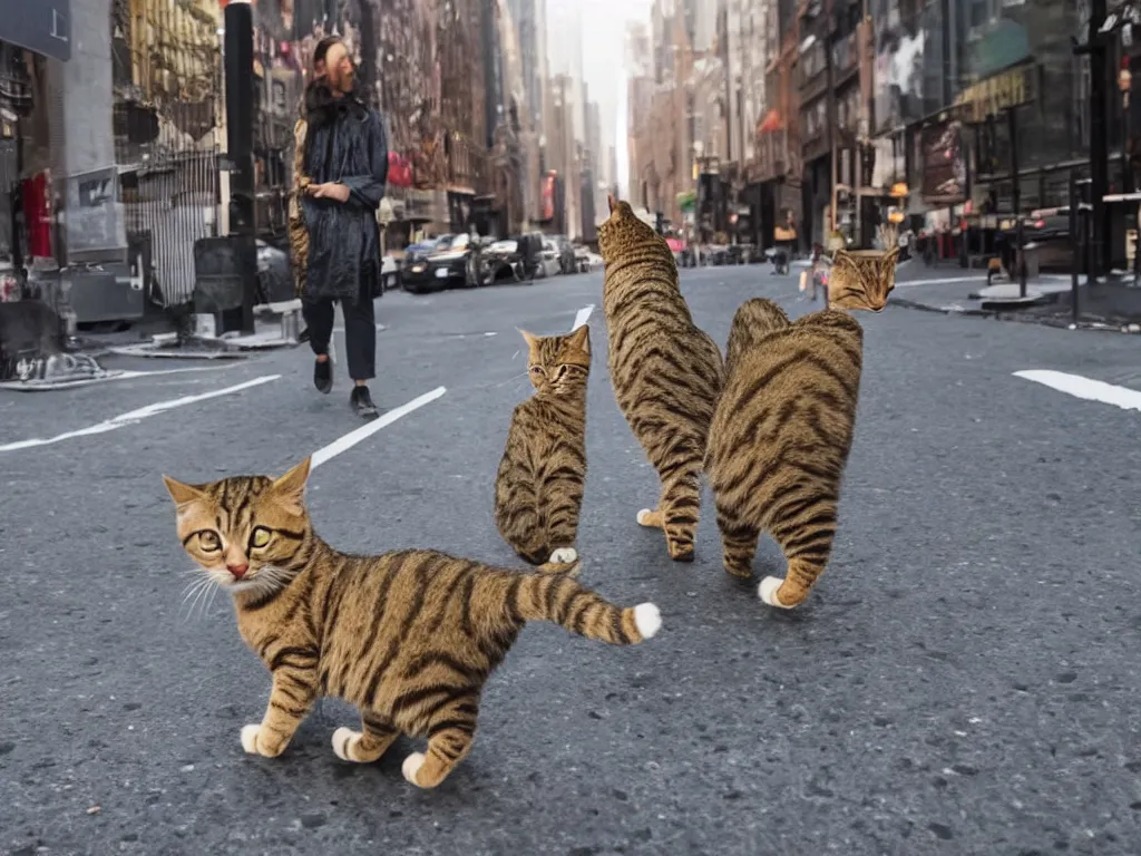 Prompt: cats walking like human in a street of new york, 4k ,ultra realistic details,