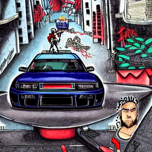 Image similar to beautiful hyper-detailed illustration of a ninja warrior with a sword, driving through the city, in a modified Nissan skyline r34