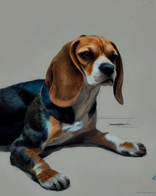 Prompt: detailed portrait of beagle lying on the bed by ismail inceoglu dragan bibin hans thoma greg rutkowski alexandros pyromallis nekro rene maritte illustrated, fine details, realistic shaded, fine - face, pretty