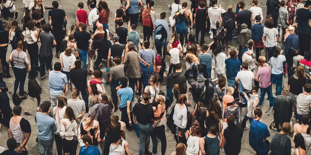 Image similar to istock, groups of people, from behind, wide angle, cinematic atmosphere, elaborate, highly detailed, istock, dramatic lighting