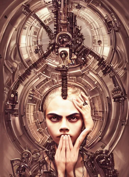 Image similar to symmetry! cara delevingne praying, machine parts embedded into face, tubes and cables, intricate, elegant, highly detailed, digital painting, artstation, concept art, smooth, clockwork, sharp focus, illustration, art by artgerm and greg rutkowski and alphonse mucha, 8 k