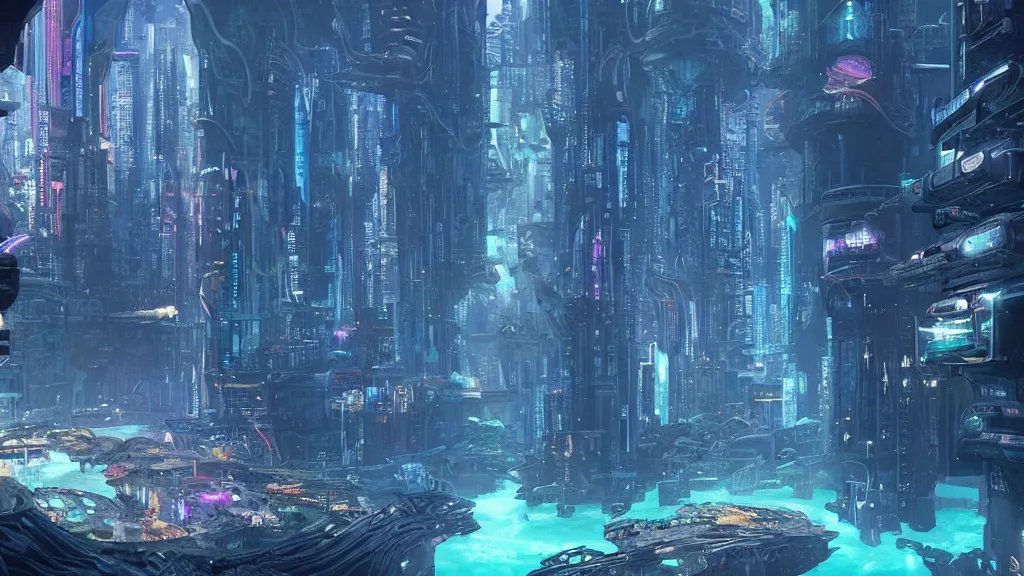 Prompt: Cyberpunk Atlantis. Beautiful underwater city.