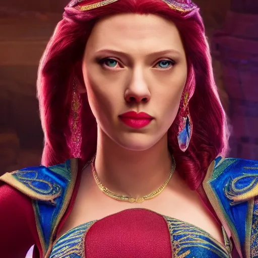 Prompt: Scarlet Johanson as Jasmine the disney princess in Aladin, dessert, cyberpunk, 8k