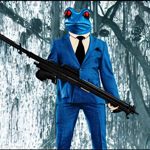 Prompt: cinematic shot of an anthropomorphic frog wearing a blue suit holding a black ak-47 in a swamp, highly intricate, highly detailed, epic,