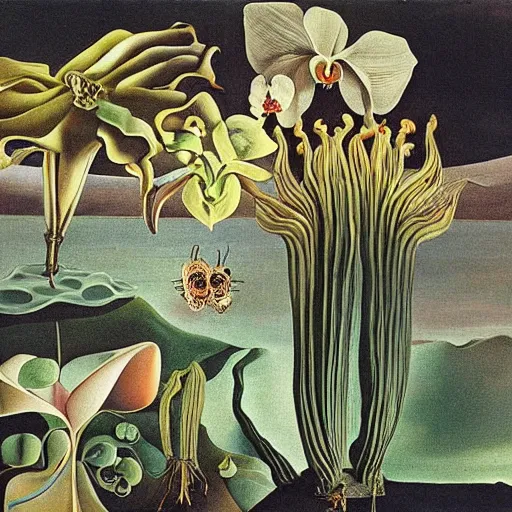 Image similar to infinite space on monestras plants and orchids by cirico, salvador dali