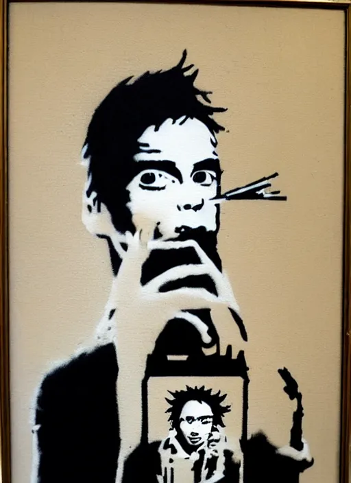 Prompt: banksy self portrait art on canvas