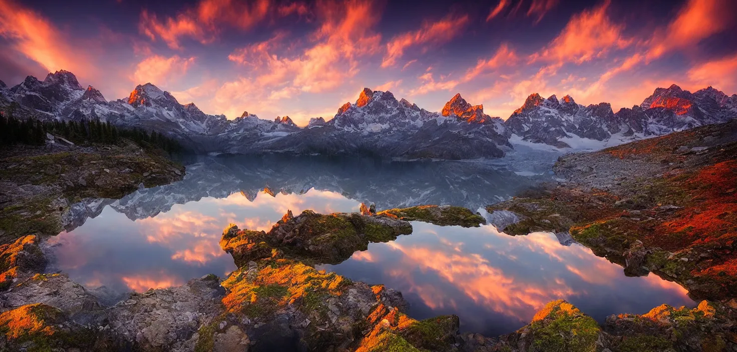 Image similar to amazing landscape photo of mountains with lake in sunset by marc adamus, beautiful dramatic lighting